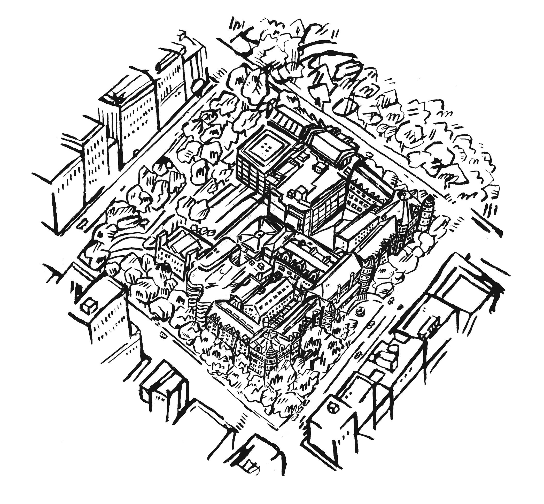 Aerial axonometric drawing of the AMNH complex