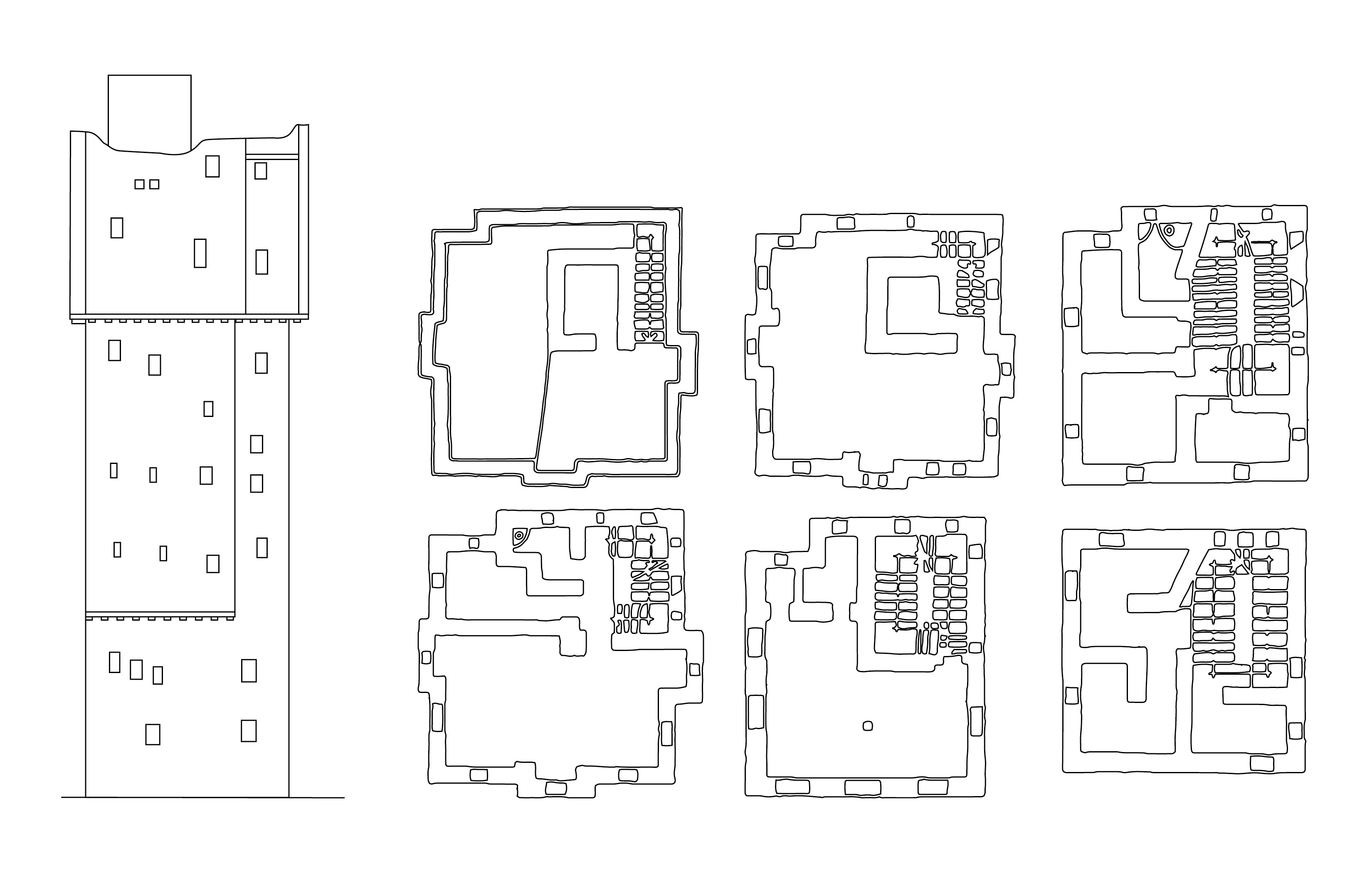 What makes the architecture of Yemen extremely distinct is that the buildings are often six or seven stories tall, effectively, high-rises. The cities expand vertically. Here are drawings of *Husn al Shuruj*, a house in *Shuruj*, with the elevation on the left and plans of its six floors to the right.