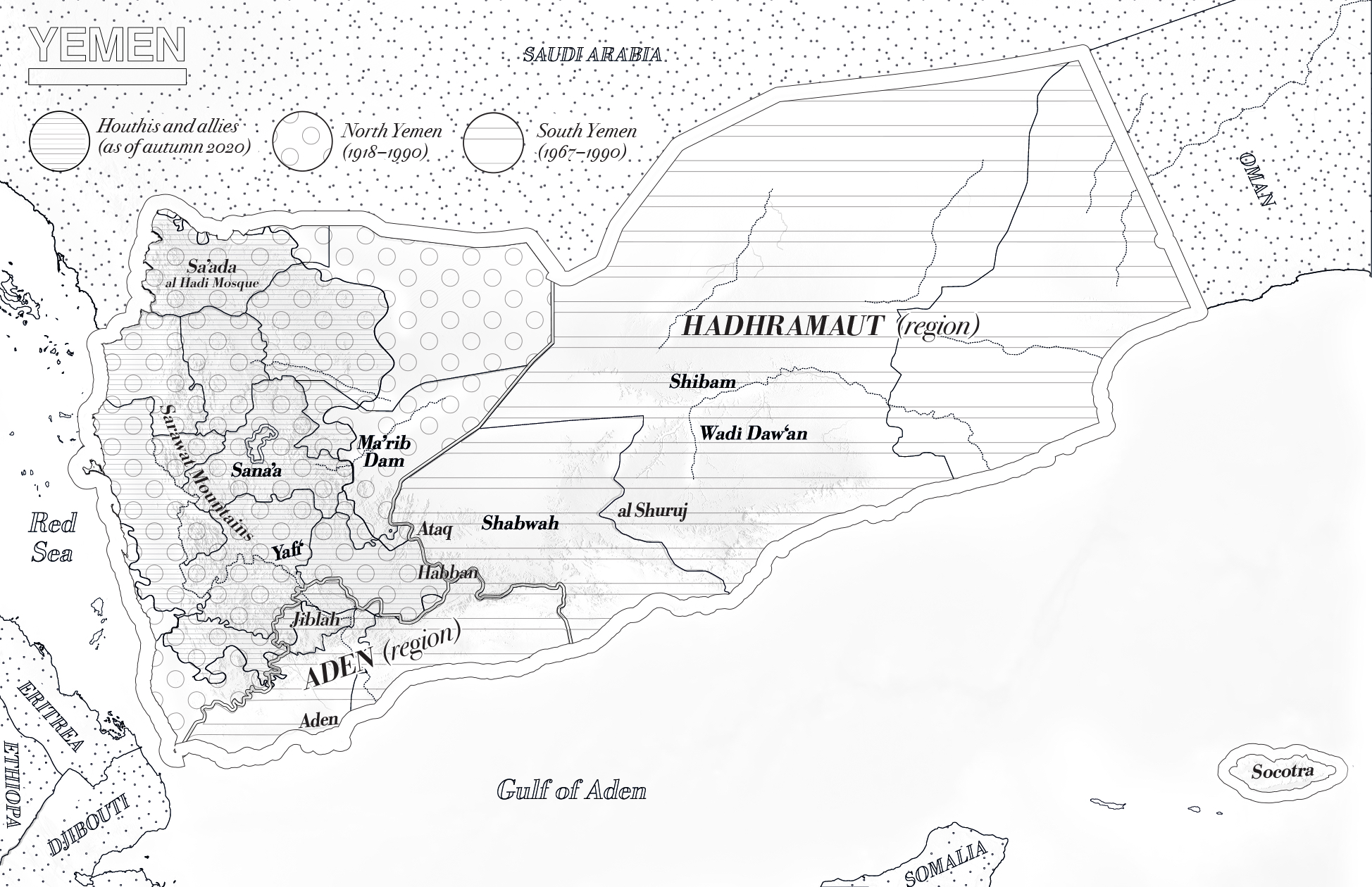 A map of Yemen with the cities mentioned in the article highlighted, displaying different regions of conflict